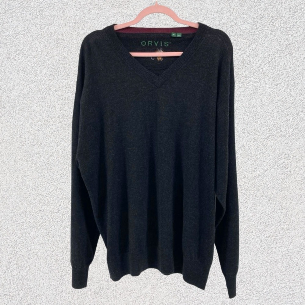 Orvis Merino Wool Sweater Men XL V Neck Dark Gray Long Sleeve Pullover Timeless